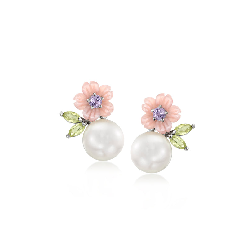 Sterling silver post earrings with pink flower, amethyst centers, green leaves, white pearls