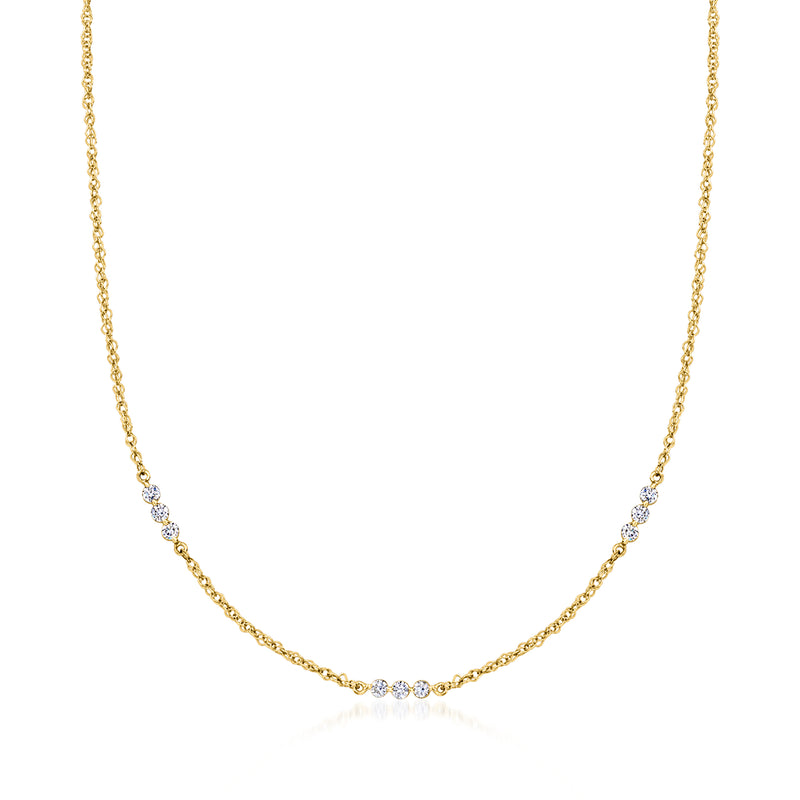 14kt yellow gold diamond station necklace with bezel-set round lab diamonds, thin chain