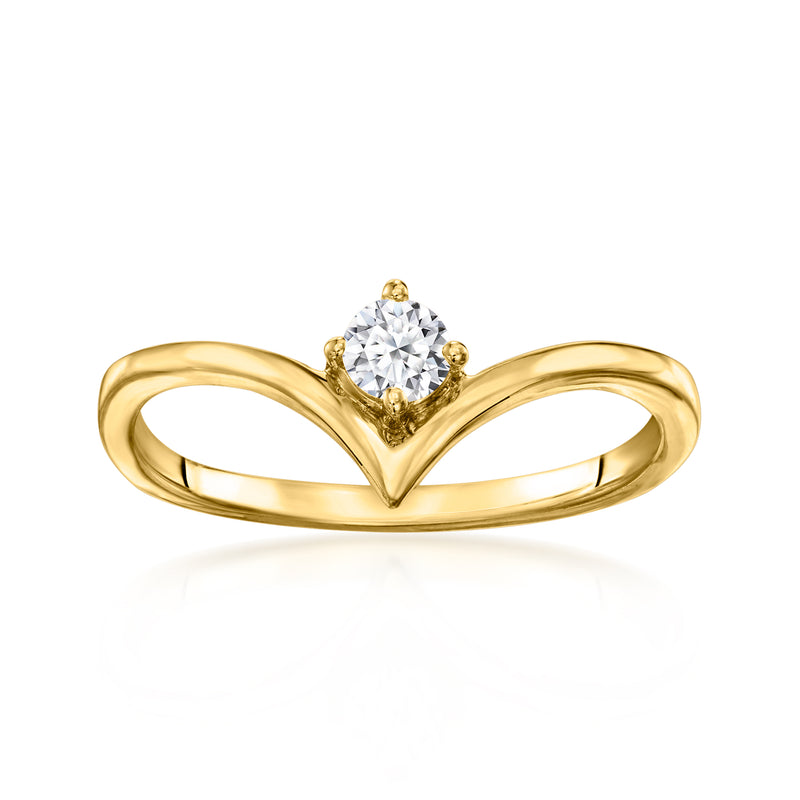 Gold chevron diamond ring with round center stone, scalloped split band