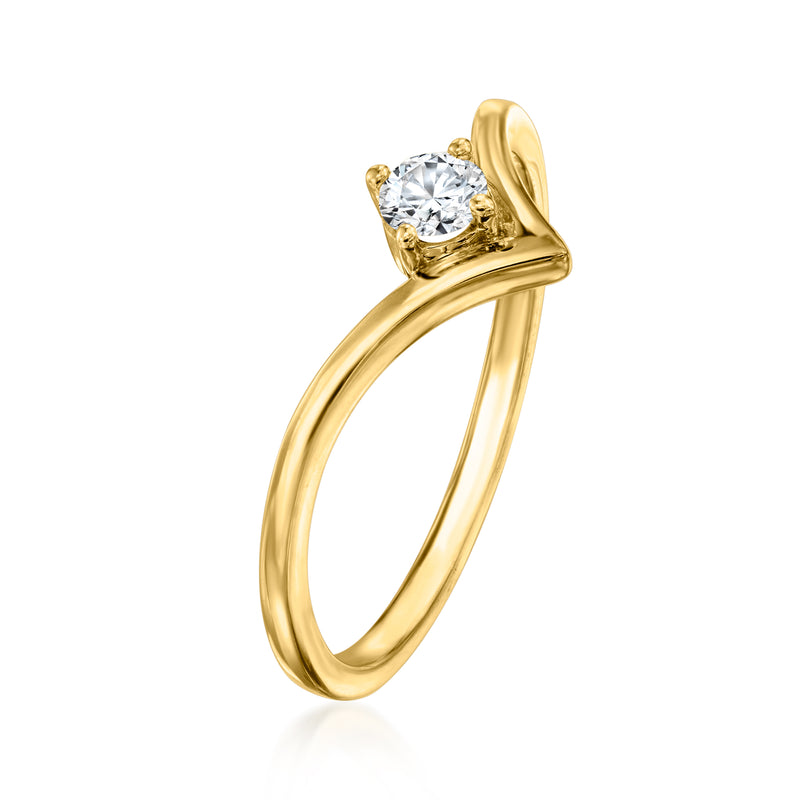 Gold chevron ring with round diamond solitaire, slim curved band