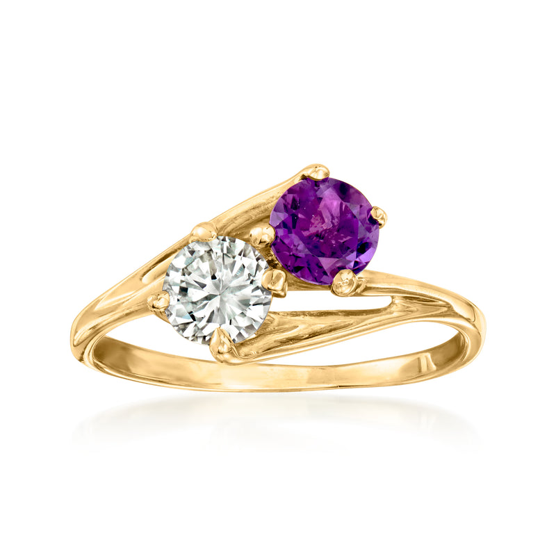 14kt yellow gold bypass ring with oval amethyst and round diamond center stones