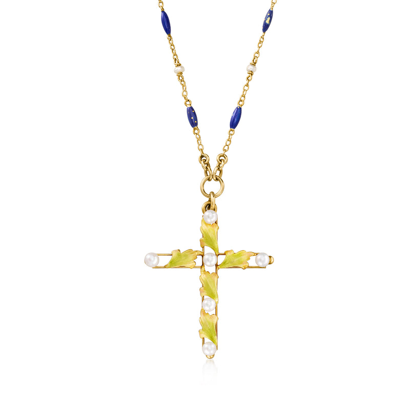 Gold cross pendant necklace with white pearls and blue/green enamel, gold chain