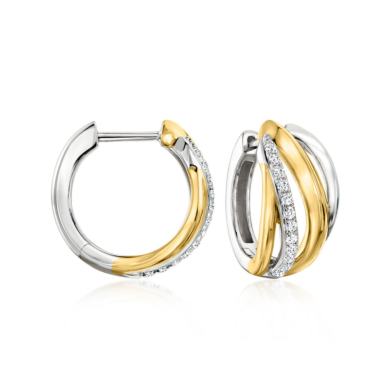 Sterling silver hoop earrings with crisscross white topaz and 18kt gold accents