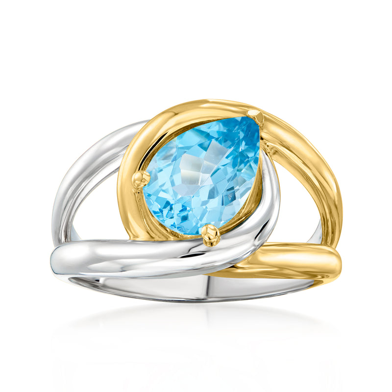 Twisted split-band ring in silver and gold with pear-cut Swiss blue topaz