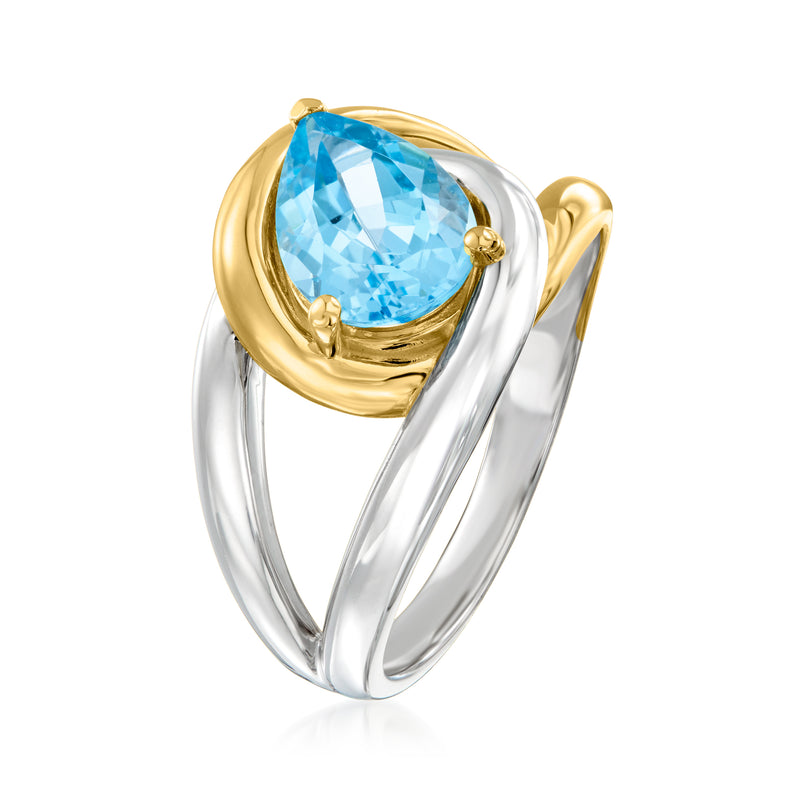 Pear-cut blue topaz ring in silver with gold bezel and open curved band