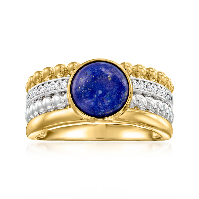 Multi-row sterling silver ring with round blue lapis cabochon and gold bezel