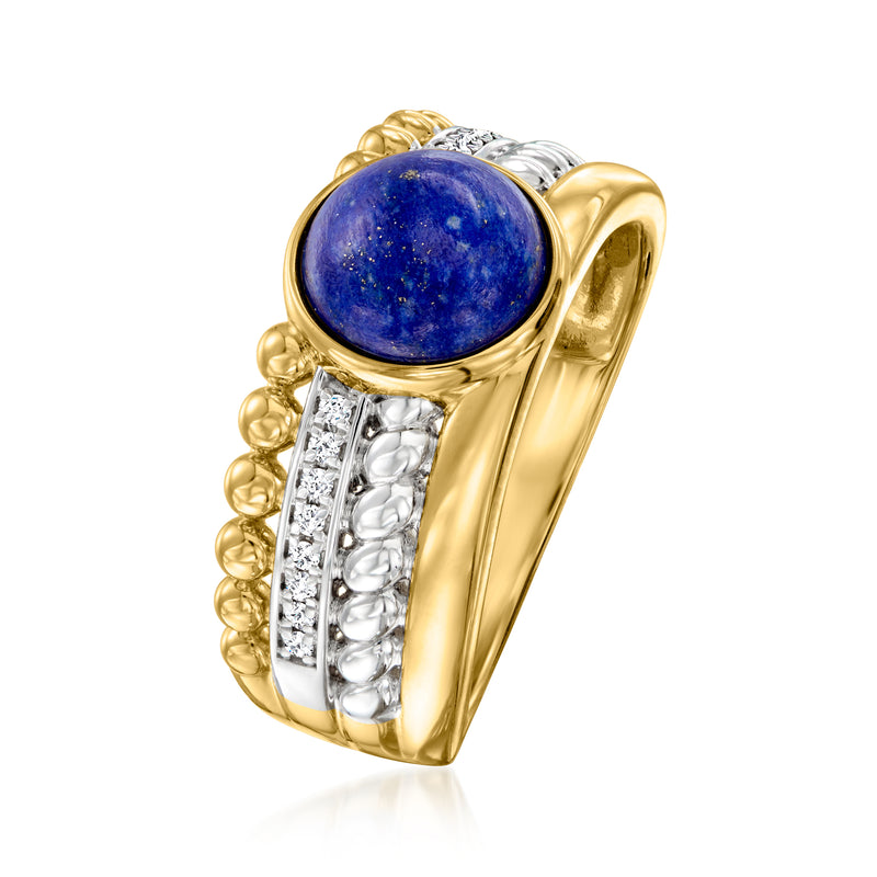 Lapis cabochon ring with gold bezel, white stone bands, and curved open side
