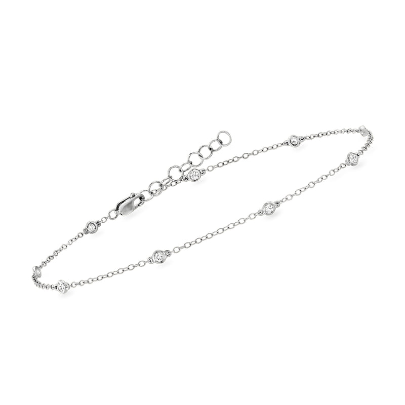 Sterling silver bezel-set lab-grown diamond station anklet, side view with clasp