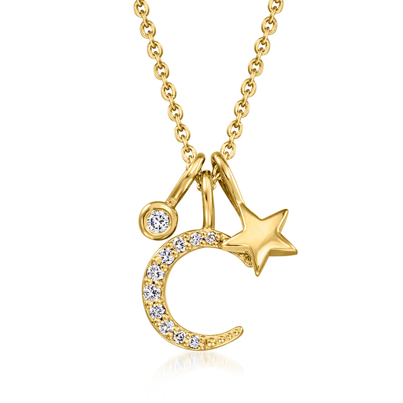18k gold over sterling crescent and star charm necklace, diamond accents