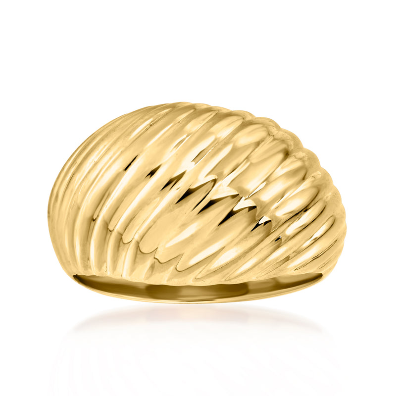 14kt yellow gold ribbed dome ring, polished scalloped top