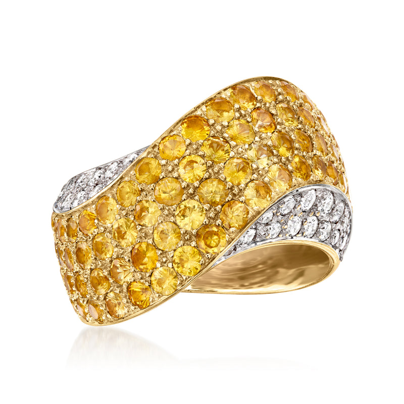 Wavy yellow sapphire and diamond ring in 18kt yellow gold