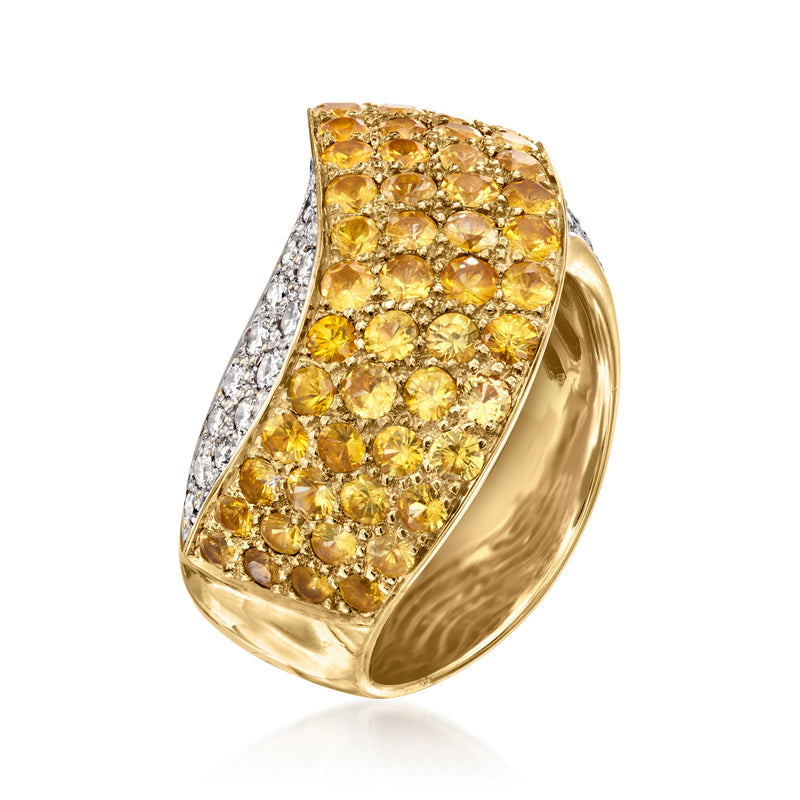 Vintage yellow gold wavy ring with yellow sapphires and diamond accents