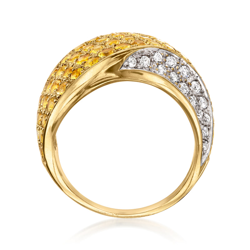 Vintage yellow sapphire and diamond wavy ring in 18k yellow gold