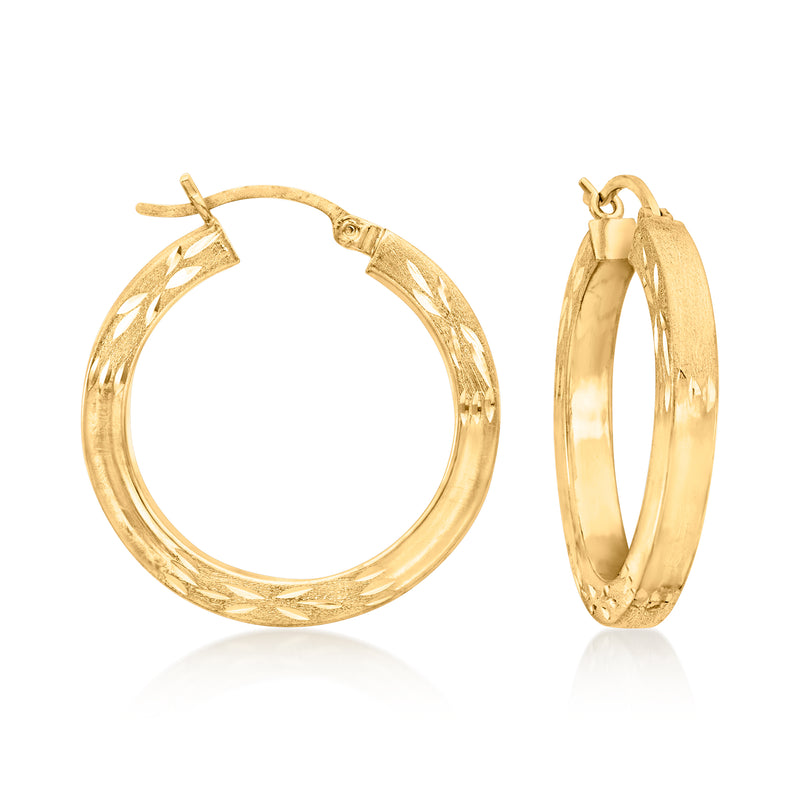 14kt yellow gold etched hoop earrings with hinge closure, open circle design