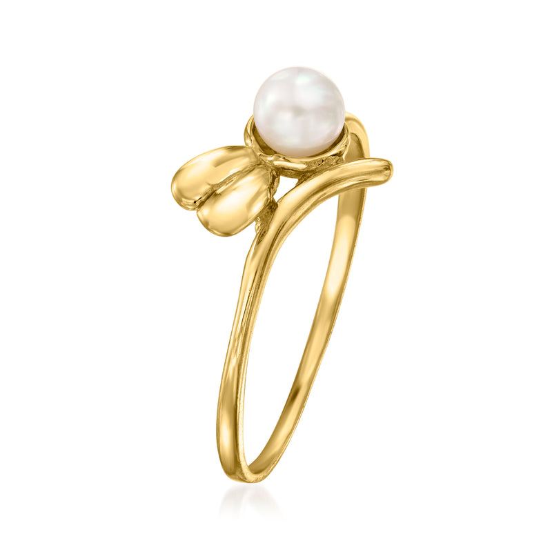 14kt yellow gold bypass ring with round white pearl and open curved band