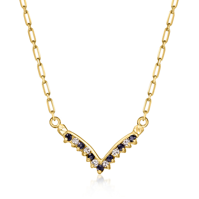 18kt yellow gold V-neck necklace with blue sapphire center and diamond accents