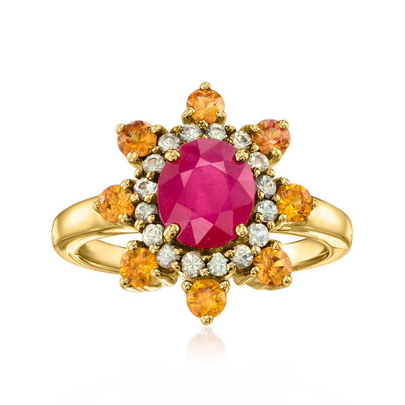 Yellow gold flower ring with large pink ruby center, orange stones, and clear accents