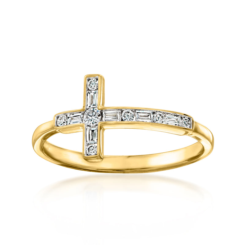 Sideways cross diamond ring in gold-tone metal with clear stones on slim band