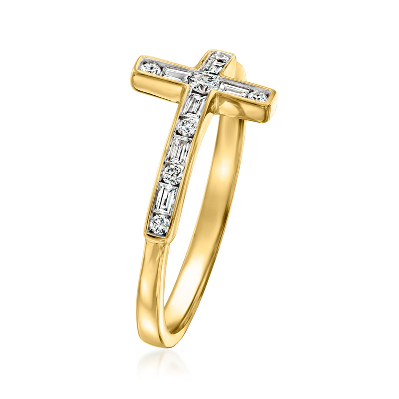 Gold-tone sideways cross ring with channel-set diamond accents and slim band