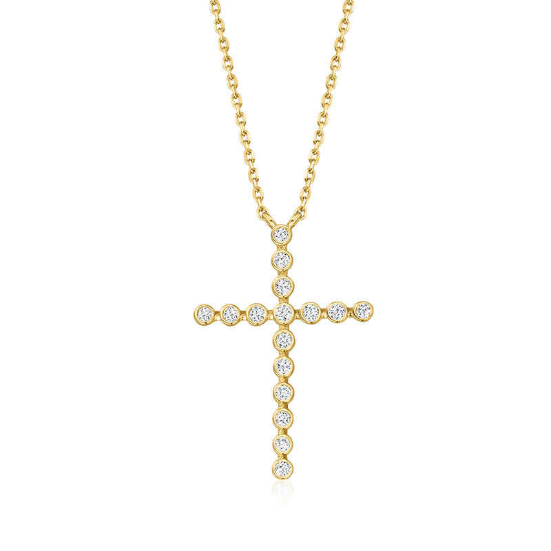 Gold cross necklace with bezel-set round diamonds on a linked chain