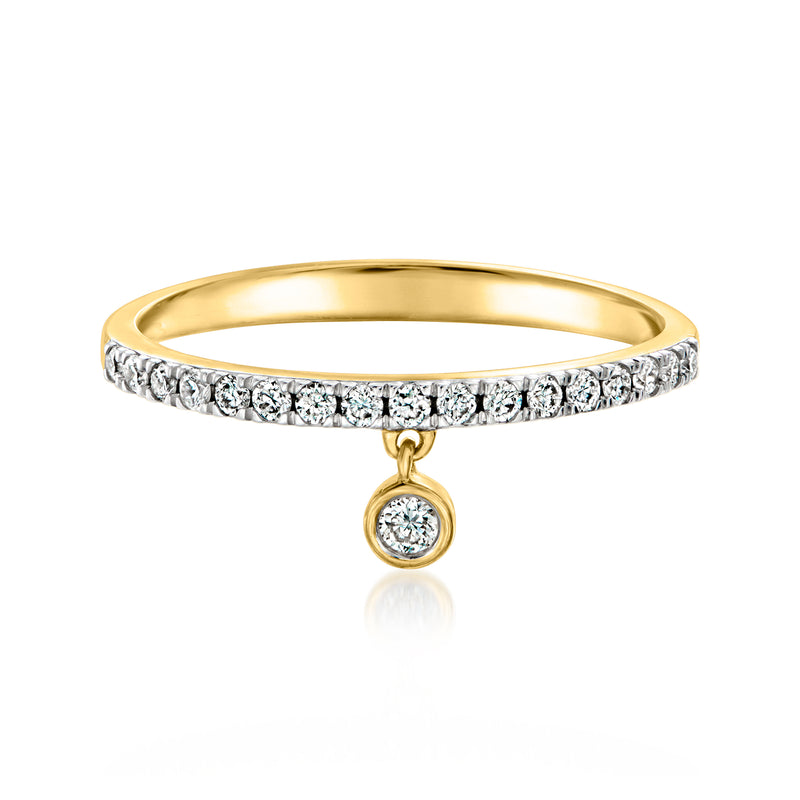 Gold over sterling diamond pavé drop ring with round diamond dangle