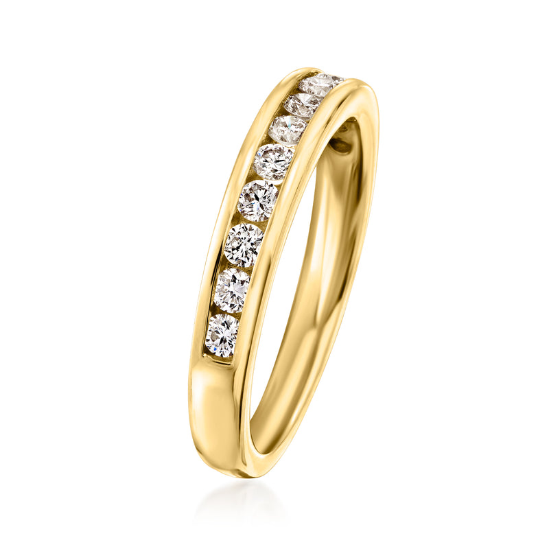 14kt yellow gold channel-set diamond ring with round stones along the band
