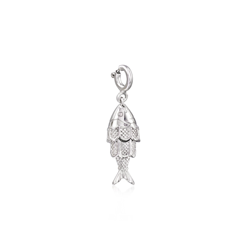 Sterling silver fish charm with dangling fish detail and loop clasp