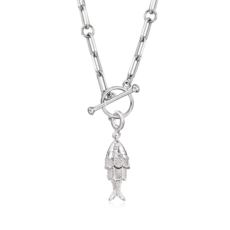 Silver chain necklace with hanging fish charm pendant on linked bar chain