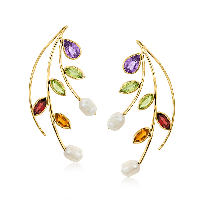 14kt yellow gold vine earrings with purple, green, red stones and cultured pearl drops