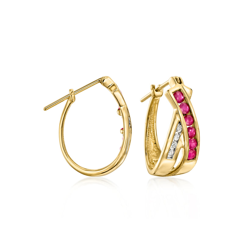 Twisted hoop earrings in 14kt yellow gold with ruby and diamond accents