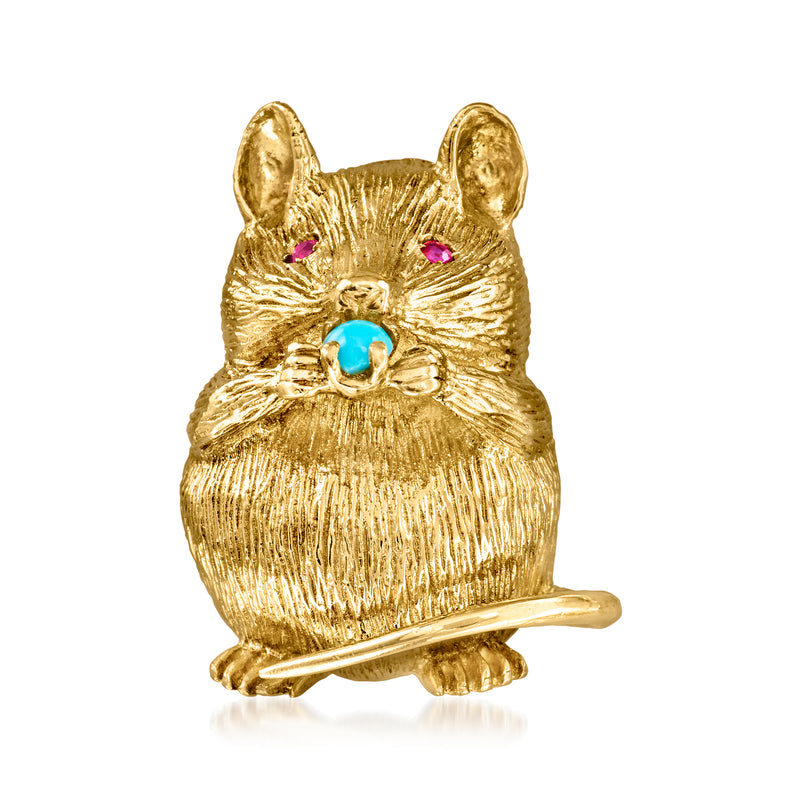 18kt yellow gold mouse pin with ruby eyes and turquoise center stone