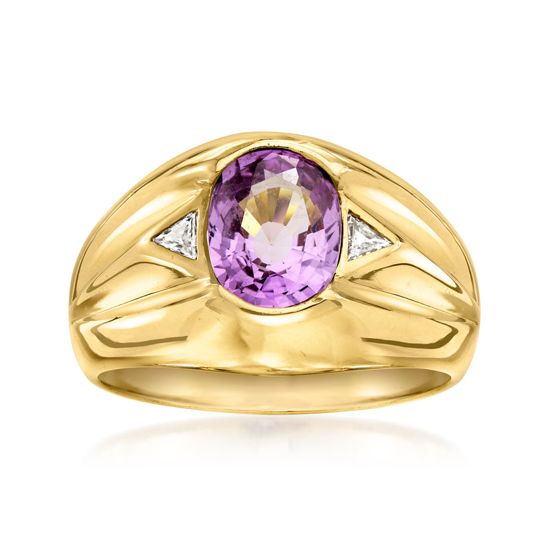 Men's 18kt yellow gold ring with oval purple gemstone and two side diamond accents