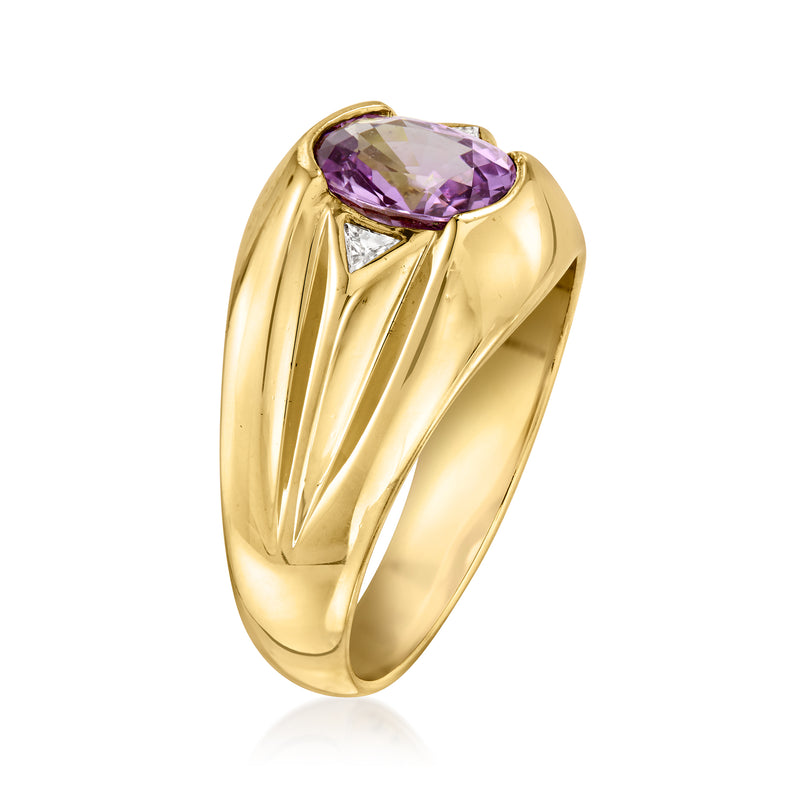 Men's 18kt yellow gold ring with purple oval gemstone, angled view, prong setting