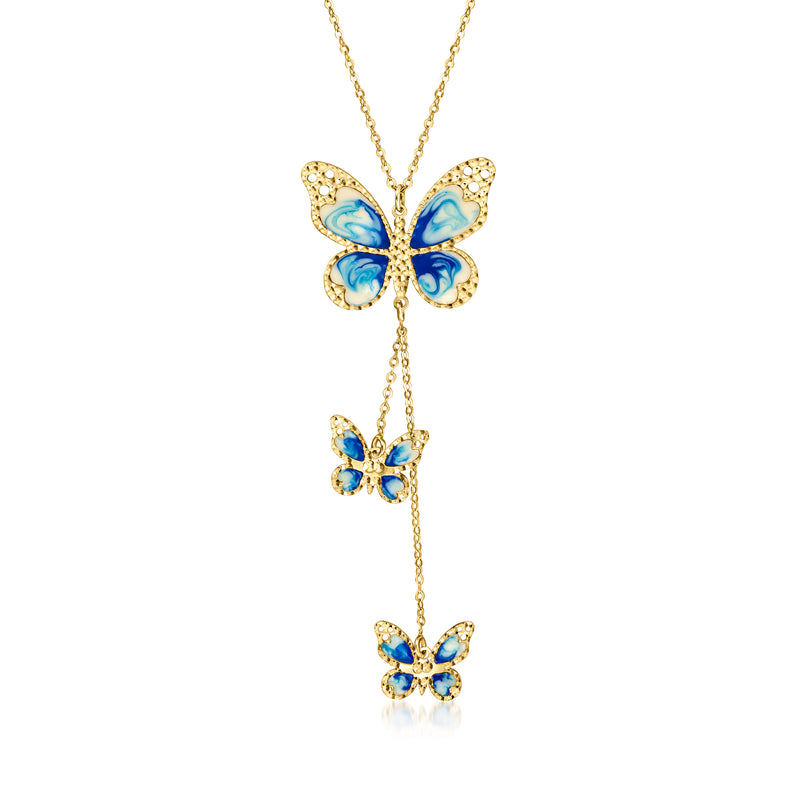 Gold butterfly enamel necklace with three blue charms on a thin chain