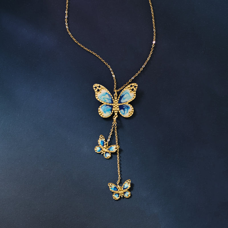 Gold butterfly enamel pendant necklace with three butterfly charms, centered on chain