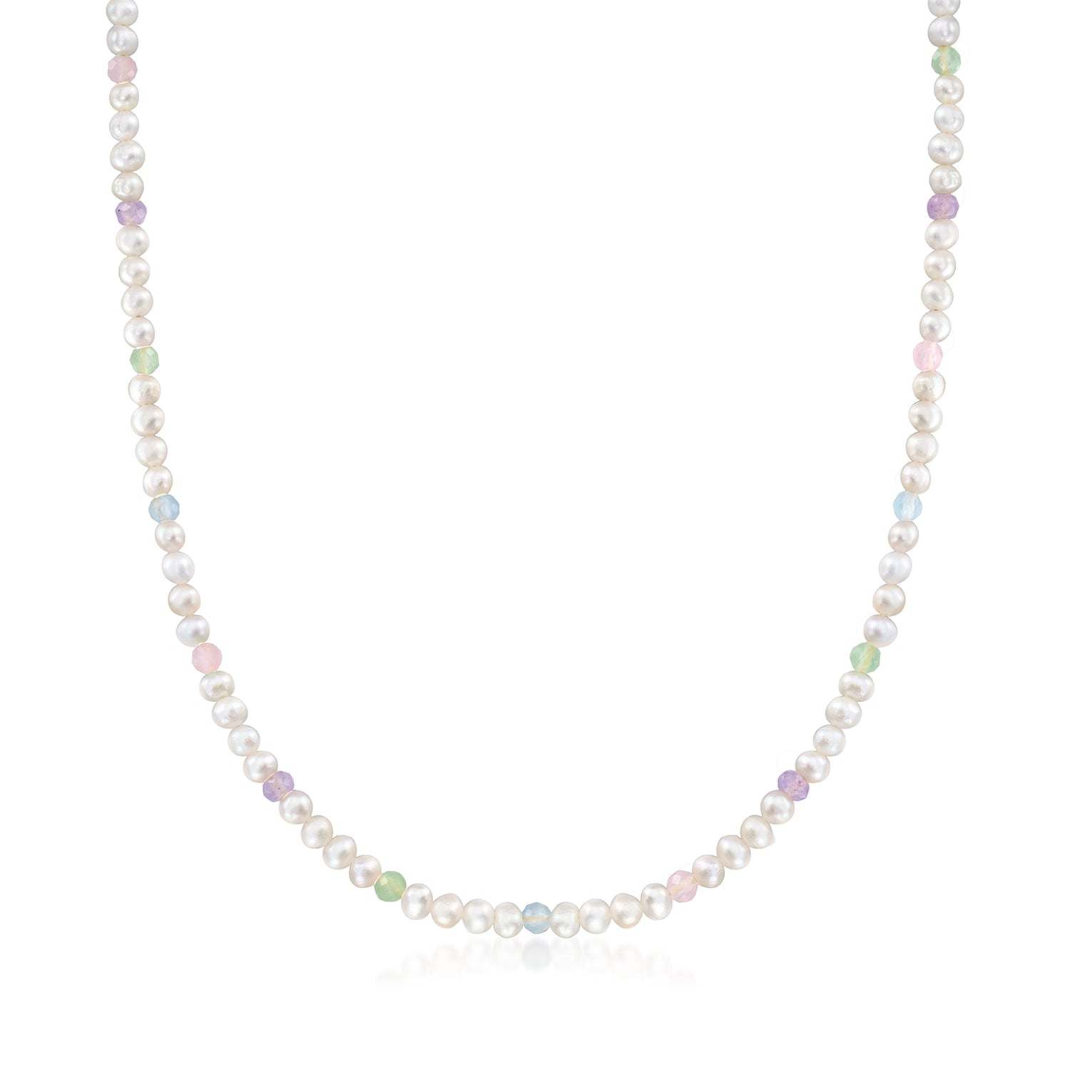 3.5mm Cultured Pearl and 3.40 ct. t.w. Multi-Gemstone Bead Necklace with 18kt Gold Over Sterling