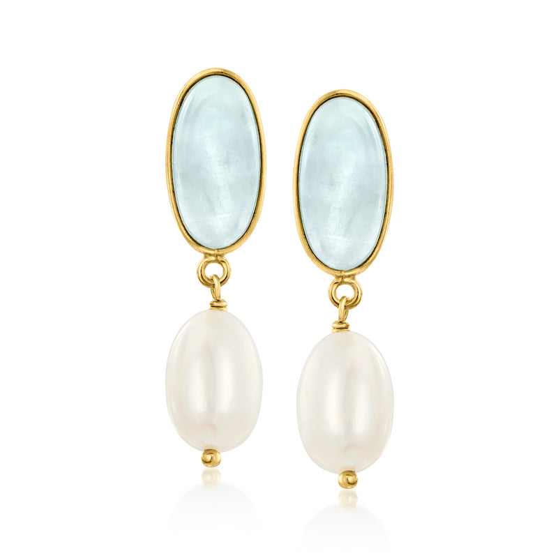 Gold drop earrings with oval light-blue aquamarine top and white cultured pearl drops