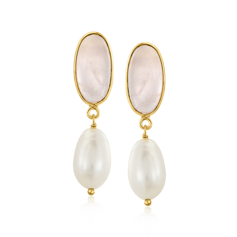 Gold drop earrings with oval rose quartz and white cultured pearl teardrops