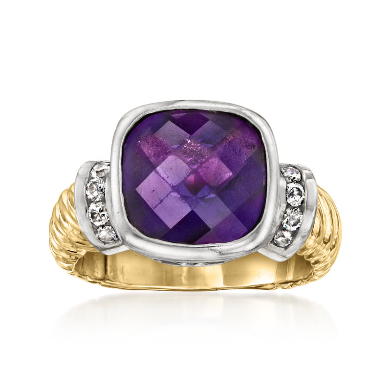 Two-tone gold amethyst and diamond ring, cushion-cut purple gemstone in silver bezel