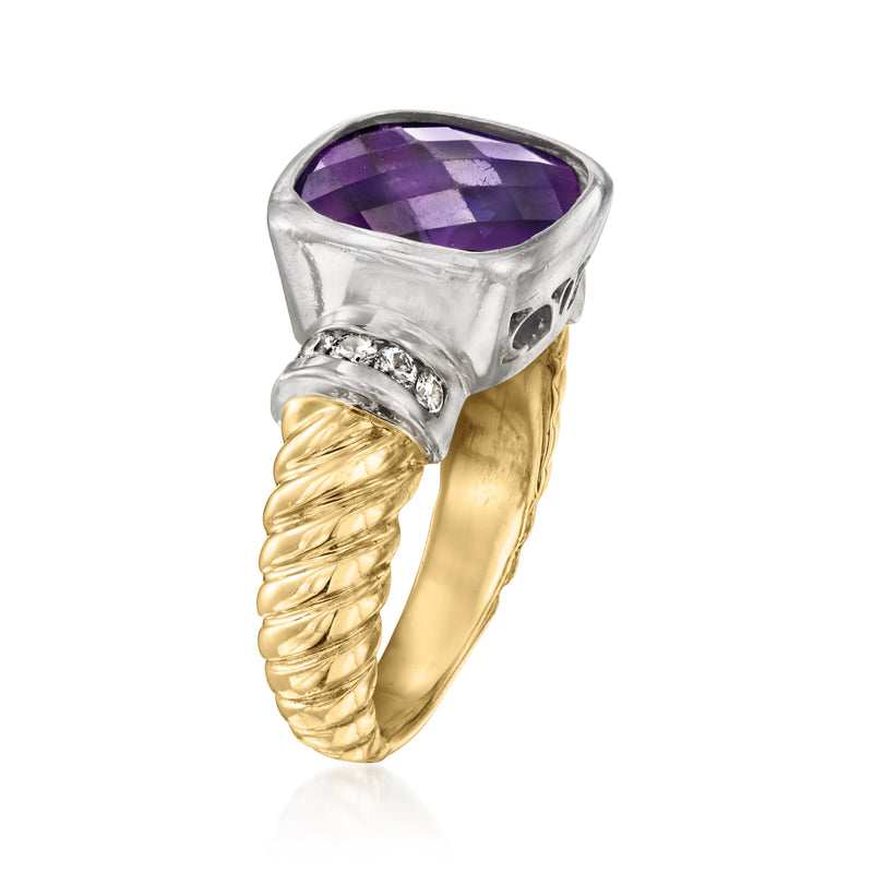 Two-tone gold amethyst ring with twisted yellow band; silver setting with diamond accents