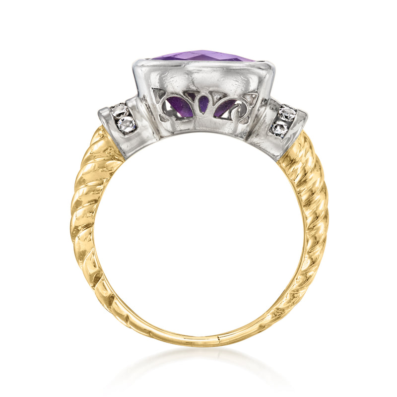 Two-tone gold amethyst ring with purple gemstone in silver prongs and diamond-set shoulders