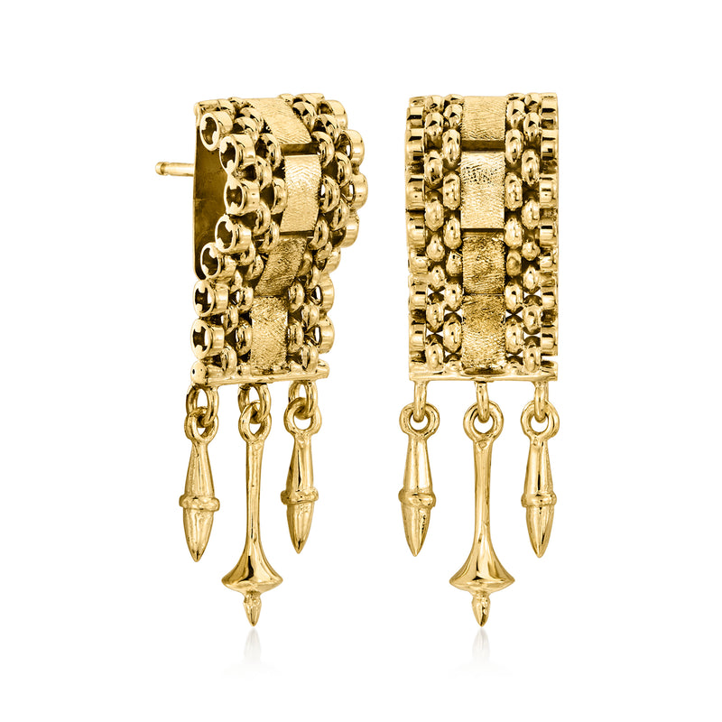 14kt yellow gold drop earrings with textured rectangular frame and four dangling spear charms