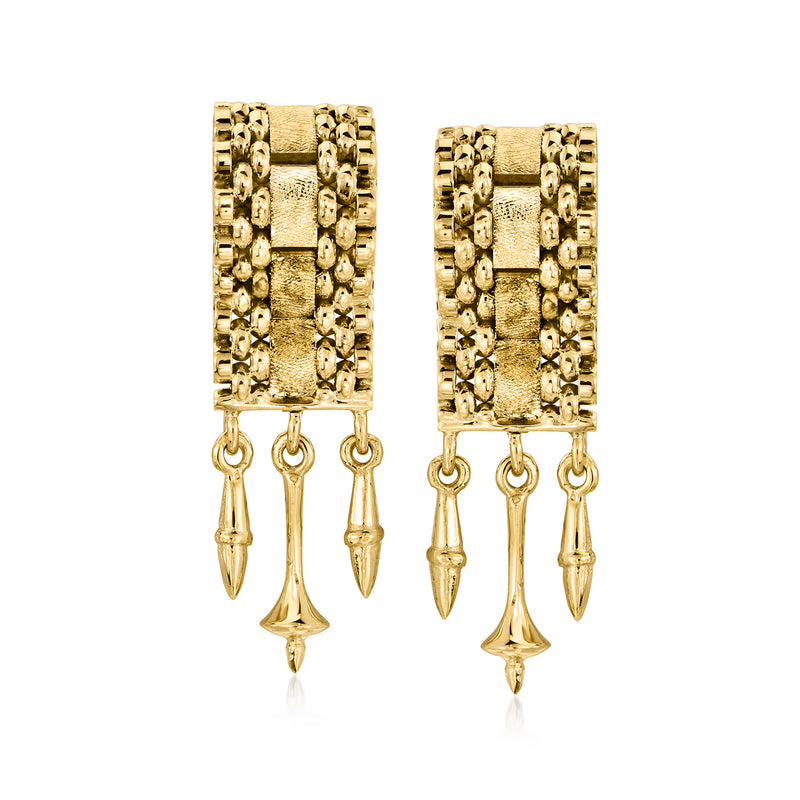 14kt yellow gold drop earrings with textured rectangular panels and three tiered spear dangles