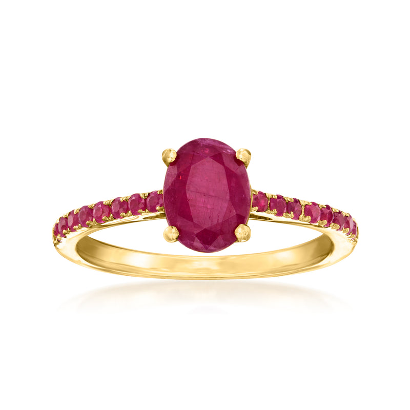 Ruby ring in gold over sterling with oval center stone and pavé band