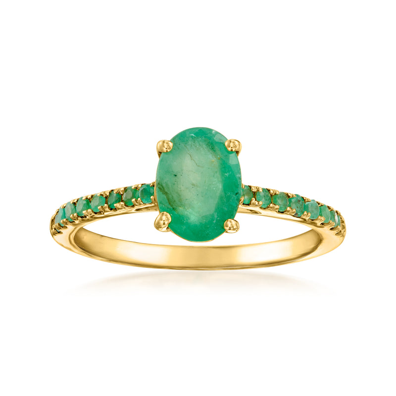 Emerald ring in 18kt gold over sterling with oval center stone and pavé band