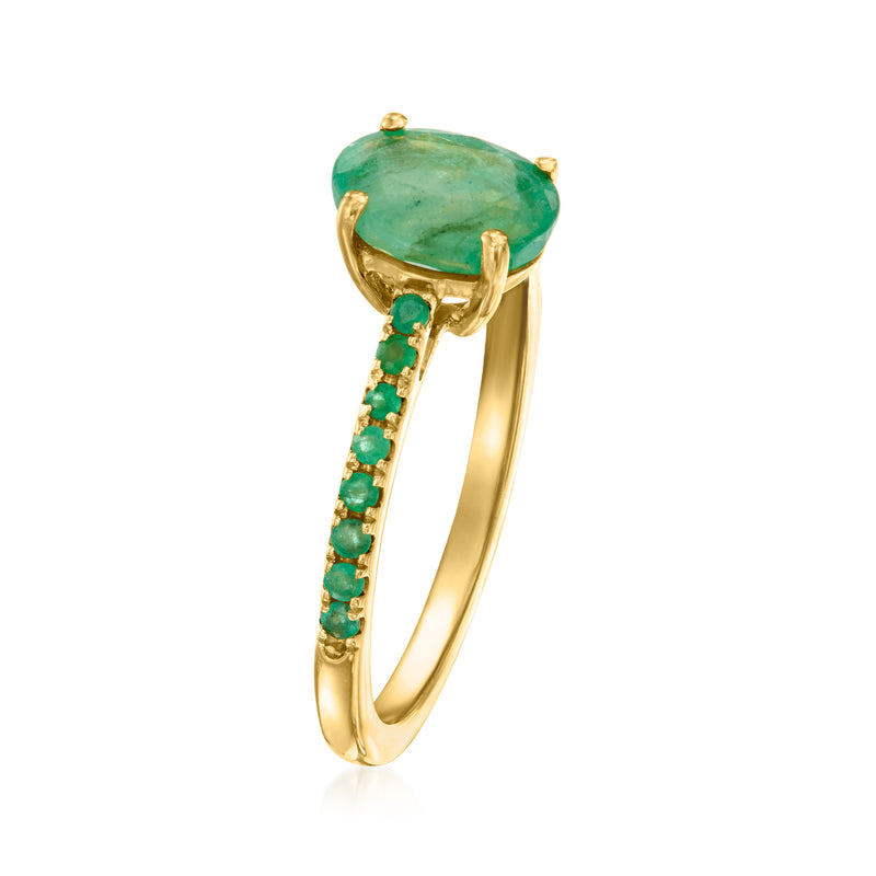 Emerald ring in gold over sterling with oval green gemstone and emerald pavé band