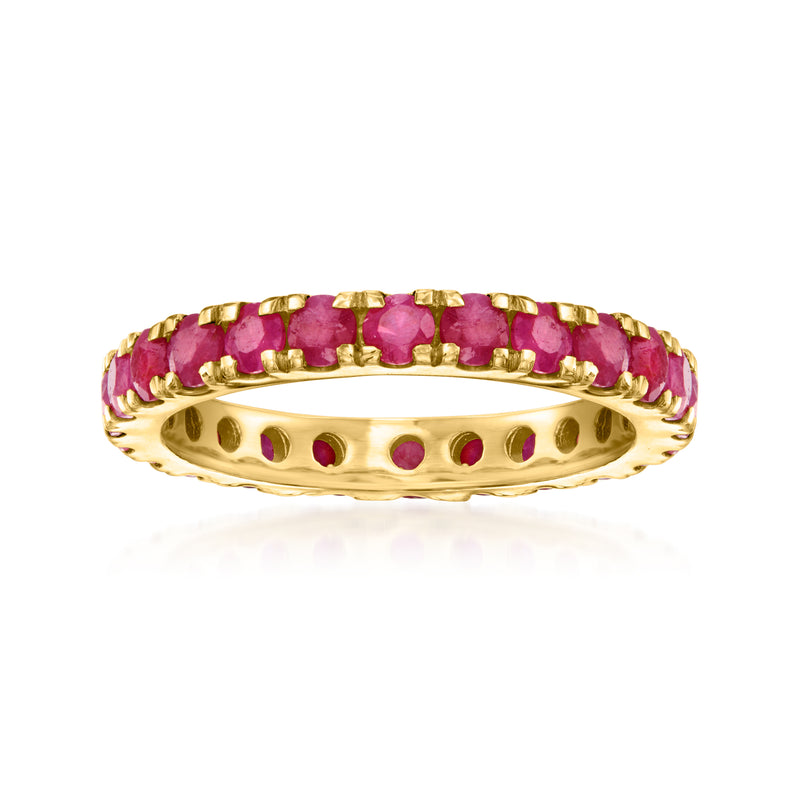 Gold over sterling ruby eternity band with faceted red/pink stones, top view