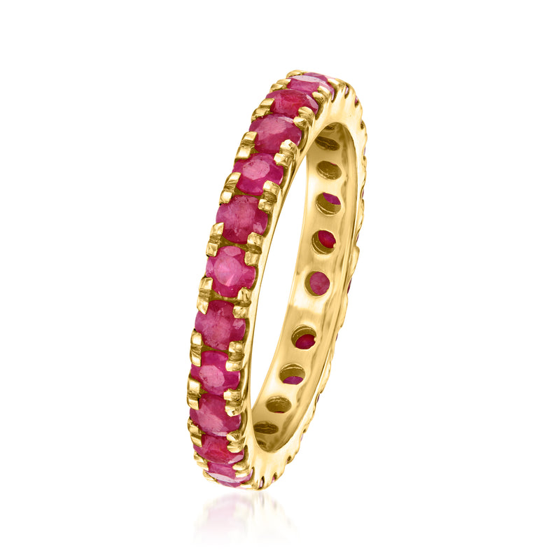 Gold over sterling ruby eternity band with faceted stones, side profile