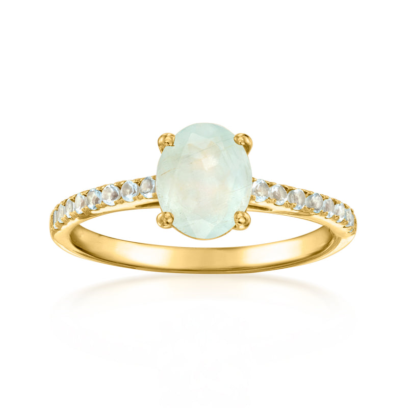 18kt gold over sterling ring with oval aquamarine center and side diamond accents