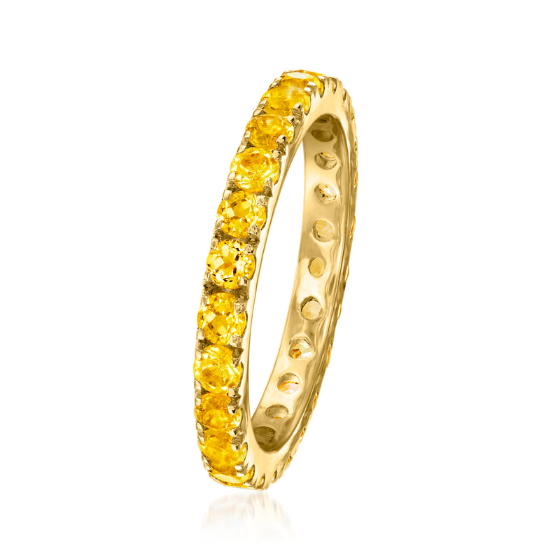 Gold over sterling eternity band lined with round citrine gemstones, side profile view